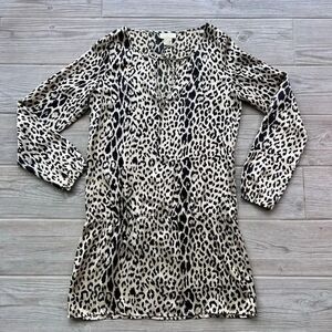 Scoop NYC Beach Womens Tan Black Leopard Print Silk Long sleeve Dress Size Small